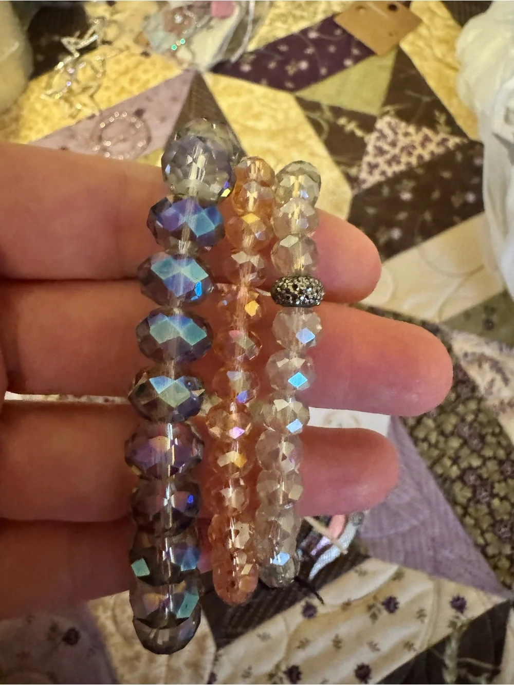 3-Piece Women's Beaded Bracelet Set in Champagne, Clear and Iridescent Blue